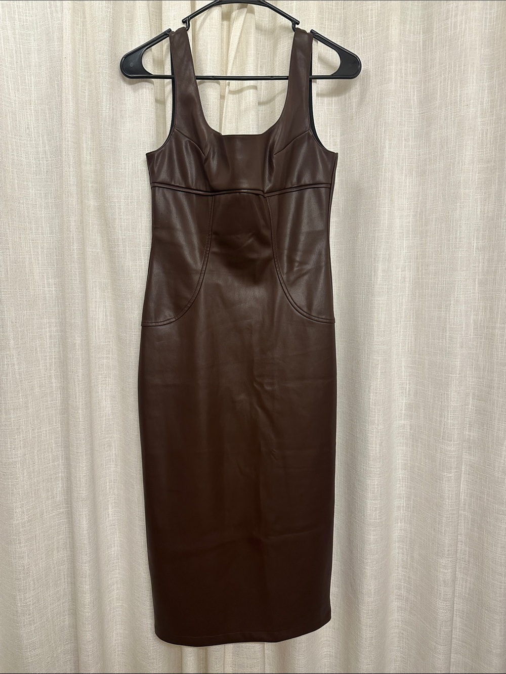 Commense Brown Faux Leather Midi Dress